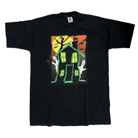 VINTAGE 1990s Haunted House Ghost Black T Shirt Adult M Single Stitch Preshrunk - Picture 1 of 11